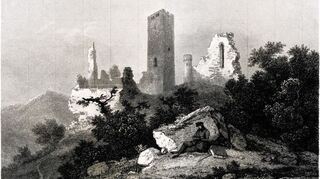 <p>In der Ausstellung gezeigter Stahlstich "Starkenburg" von Theodor Verhas, der um 1840 erschienen ist und den Künstler vor der romantischen Ruine zeigt.</p>