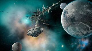 „Nachtflug nach Chronos“ („Night Flight to Chronos“) heißt die Szene, die hier am Sternenhimmel des Planetariums dargestellt wird.