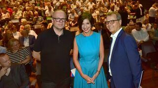 Schauspielintendant Burkhard C. Kosminski (v.l.) mit Rednerin Jutta Allmendinger und SRH-Chef Christof Hettich.