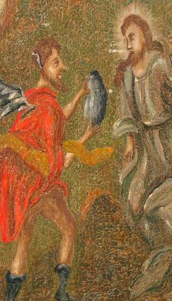 Die Versuchung Jesu, wie sie volkstümlich betrachtet wurde: Der Satan mit seinen dunklen Flügeln und der gelben Schlange um seinen Körper versucht Jesus Christus zu überlisten – hier mit einem Stein in der Hand, den Jesus zu Brot wandeln soll. Jesus widersteht. Unser Bild zeigt das aus dem 18. Jahrhundert stammende Gemälde auf eine Emporentafel der Evangelischen Kirche in Rimbach.