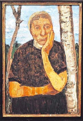 „Bäuerin zwischen Birken“ (1904/05) von Paula Modersohn-Becker, zu sehen in der Ausstellung „Vom Blauen Reiter zu den Jungen Wilden“ in der Kunsthalle Vogelmann in Heilbronn.