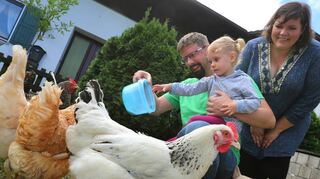 Simone und Stefan Wagner füttern mit ihrer Tochter Veronika die Hühner in ihrem Garten – auch mit dem Hund und den Katzen der Familie vertragen sich die Federtiere.