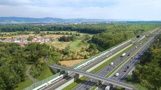 Auf dieser Visualisierung der Deutschen Bahn ist der Verlauf der ICE-Trasse bei Langwaden (im Hintergrund links) parallel zur Autobahn 67 zu sehen.