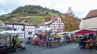 Ein schöner Spätnachmittag: Die „Galazzos“ spielen auf (links), der Wein schmeckt und die Weinberge liefern die passende Kulisse.