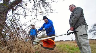 Der Vogelschutz- und -liebhaberverein hatte jetzt zum ersten Arbeitseinsatz des Jahres auf sein Naturschutzgelände an der verlängerten Carl-Benz-Straße eingeladen. Unser Bild zeigt (v.l.) Alexander Hedderich, Bernd Reif und Günter Weickert bei der Arbeit.