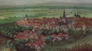 Blick auf Bensheim: Bei dem Bild handelt es sich um die älteste Darstellung Bensheims. Es befindet sich im Historischen Museum der Pfalz in Speyer und stammt aus der Zeit um 1610 bis 1613. Der Künstler ist nicht eindeutig identifizierbar.