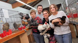Vier Züchter, die bei der Lokalschau des Kleintierzuchtvereins Zwingenberg stolz ihre Tiere präsentierten: (von links) Emil Höhn, Marc Rotschadl, Stefanie Brunnenkant und Charlotte Wörl.