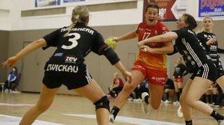 Im Frühjahr gab es für die Flames (im Angriff im roten Trikot: Lisa Friedberger) in Zwickau eine eher blamable Niederlage, nachdem sie das Hinspiel in eigener Halle klar gewonnen hatten.