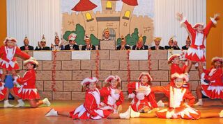 Ein Archivbild aus dem Jahre 2012: In der Zwingenberger Melibokushalle fand die Bürgermeisterfastnacht statt. Auf der Bühne vor dem Elferrat mit Sitzungspräsident Holger Habich die Purzelgruppe der Heppenheimer Fastnachtsgesellschaft Bottschlorum.