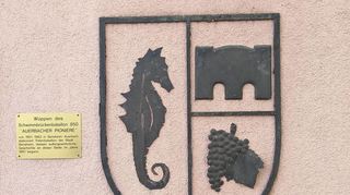 Das schmiedeeiserne Wappen (links) der Auerbacher Pioniere an der Mauer neben dem Bürgerhaus Kronepark vereint drei Symbole: Das Seepferdchen stand für die Amphibienabteilungen der US-Armee, die Brücke für die Pioniere der Bundeswehr und die Traube vermutlich für Auerbach. Wo einst – südlich der Karl-Marx-Straße – Soldaten und das militärische Material der Auerbacher Pioniere untergebracht waren, ist später eine Wohnbebauung samt Spielplatz entstanden.