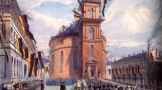 Ein Schlüsselereignis in der Geschichte Deutschlands: Feierlicher Einzug der Abgeordneten in die Frankfurter Paulskirche am 18. Mai 1848.