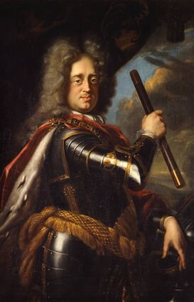 Er ordnete an, Mannheim wieder aufzubauen: Kurfürst Johann Wilhelm von der Pfalz, vor 1708 gemalt von Jan Frans van Douven. Rechts der Titel der von ihm erneuerten Stadtprivilegien, um weitere Einwohner anzulocken, damit die „Statt Mannheim wieder zu besserer Aufnahm möge gebracht werden“.