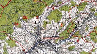 Die Bäche rund um Reichenbach: 1: Lauter, 2a+b: Felsbach, 3: Felsenmeerbach, 4: Graulbach, 5: Tränkbach, 6: Bach von Katzenstein, 7: Vorbach, 8: Reichenbach, 9: Flutgraben / Schachertbach, 10: Höhwiesenbächlein / Haurodbach.
