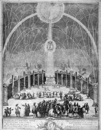 Das einzige überlieferte historische Bild eines Feuerwerks in der Kurpfalz ist diese Radierung von Barthélemy de La Rocque vom Feuerwerk anlässlich des Geburtstages von Kurfürstin Elisabeth Augusta am 17. Januar 1758 im Mannheimer Schlossgarten. Es befindet sich in den grafischen Sammlungen der Reiss-Engelhorn-Museen in Mannheim.