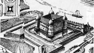 Zeichnung der Burg nach Eberhard Kieser/Lorenz Engelhard und Matthäus Merian in „Mannheim und seine Bauten 1907“, unten ein „Mannheimer Pfennig“.