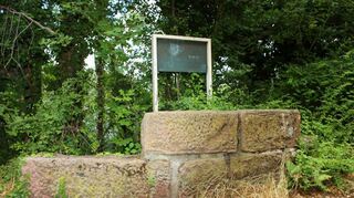 Arg zugewuchert: Hinweistafel und Steinquader an historischer Stelle der einstigen Zollburg Eichelsheim am Stephanienufer auf dem Lindenhof.