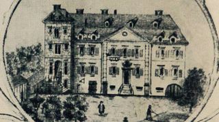 Die Vignette aus dem Jahr 1882 zeigt das 1812 gebaute Haupthaus mit einem 1868 fertiggestellten Anbau, in dem die Männer untergebracht waren.