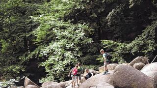Lustig, anstrengend und nicht ganz ungefährlich: Schüler klettern im Felsenmeer.