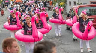 Vom Odenwälder Motorsport-Club waren rosa Flamingos im Kerwezug dabei. SSV und TSV präsentierten unter anderem ihre Nachwuchs-Fußballer.