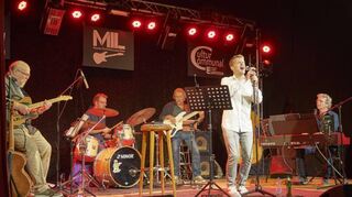 Lampertheim, Schwanensaal, cultur communal und MIL, "Funtastic 4", v.l. Christian Lassen, Marcell Maurus, Hans Heer, Joerg Dittmann und Frank Hurrle
02.09.2021 / Foto: Berno Nix