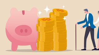 Retirement mutual fund, 401k or Roth IRA savings for happy life after retire and financial freedom concept, rich senior couple elderly man and woman stand with stacked of dollar coins pink piggy bank.