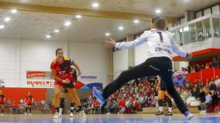 Flames-Kapitänin Lisa Friedberger (links) verwandelte beim 32:25-Auswärtssieg der HSG Bensheim/Auerbach gestern Abend gegen den BSV Sachsen Zwickau fünf Siebenmeter.