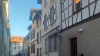 Wie mit dem Lineal gezogen wirkt die Südseite der am Anfang des 19. Jahrhunderts an Stelle der Stadtmauer angelegten Erbacher Straße. Nach dem Eckhaus und zwei als Doppelhaus angelegten Gebäuden folgen vier Häuser, die mit einem Mansarddach versehen sind.