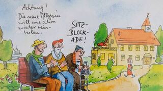 Zwölf Karikaturen des Autors Thomas Klie und des freien Zeichners Peter Gaymann sind derzeit im Erdgeschoss von St. Vinzenz zu sehen.