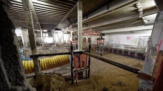 Hier wird auf der Ostseite unter das Nationaltheater ein größerer Probensaal für das Orchester gebaut. Die Stützgerüste in der Mitte halten das alte Gebäude stabil.