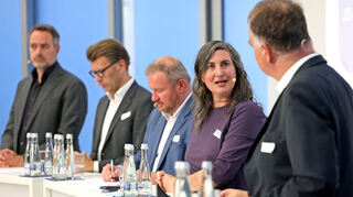 Diskussionsrunde mit René Repasi (SPD), Daniel Caspary (CDU), Andreas Glück (FDP) und Anna Deparnay-Grunenberg (Grüne) unter Moderation von Axel Nitschke (IHK).