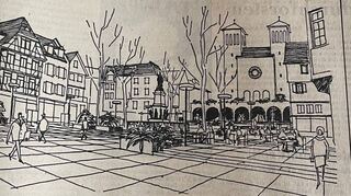 Die Skizze wurde 1969 im Bergsträßer Anzeiger veröffentlicht: Auch damals suchte man nach Ideen, wie der obere Marktplatz gestaltet werden könnte. Der eingeschossige Bau mit den Arkaden vor der Kirche kommt einem der preisgekrönten Entwürfe aus dem aktuellen Ideenwettbewerb recht nahe.