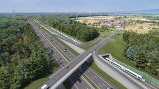 Diese Visualisierung der Deutschen Bahn zeigt, wie die ICE-Neubaustrecke im Bereich von Langwaden verlaufen könnte – oberirdisch entlang der A67.