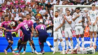 Bei Standards (2. v.l. Leroy Sané bei der Ausführung eines Freistoßes im Spiel gegen Schottland) sieht BA-EM-Experte Helmut Glanzner noch Steigerungspotenzial im DFB-Team.
