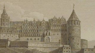 Ein idealisierter Kupferstich des noch unzerstörten Schlosses Heidelberg aus der Zeit von Graimberg.
