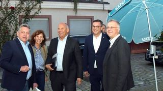 Empfang für den Innenminister in Heppenheim: v.l. Stadtrat Steffen Gugenberger, Stadtverordnetenvorsteherin Susanne Benyr, Roman Poseck, Landtagsabgeordneter Alexander Bauer, Bürgermeister Rainer Burelbach.