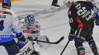 „Wir müssen lernen, dreckige Tore zu schießen“, befand Adler-Kapitän Marc Michaelis (rechts), der hier – wie so viele seiner Mitspieler auch – an Ingolstadts Schlussmann Devin Williams scheitert.