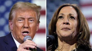 Diese Bildkombo aus Archivfotos zeigt den republikanischen Präsidentschaftskandidaten und ehemaligen US-Präsidenten Donald Trump bei einer Rede in einer Stadthalle am 20. Oktober 2024 in Lancaster und die demokratische Präsidentschaftskandidatin und Vizepräsidentin Kamala Harris bei einer Wahlkampfveranstaltung am 14. Oktober 2024 in Erie.
