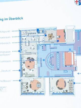 Um das Atrium sind „Lernwohnungen“ und Umkleiden angeordnet.