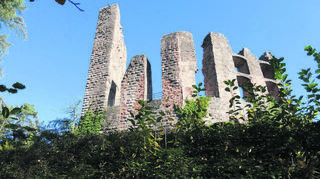 Die Oberburg: links die 18 Meter hohe und drei Meter dicke Schildmauer, rechts die Reste von Wohngebäuden.