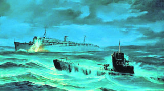 Künstlerische Darstellung des Moments, in dem die "Gustloff" versenkt wird. Das sowjetische U-Boot ist nur 700 Meter vom Schiff entfernt.