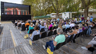 Besucher schauen sich im Freiluftkino des Festivals des deutschen Films auf der Parkinsel in Ludwigshafen 2022 einen Film an.