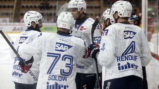 Jubel nach dem Treffer von Mannheims Dan Renouf (Nr.4) beim Testspiel, SCL Tigers gegen Adler Mannheim. Am Freitag, 12. September, starten die Adler Mannheim in die neue DEL-Saison gegen die Straubing Tigers.