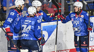 Die Adler-Spieler bejubeln den Treffer zum 1:0 durch Kristian Reichel (zweiter von rechts).