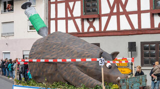 Die Gruppe Ladännsche thematisierte mit ihrem Motivwagen die „Schweinepest im Jägersburger Wald“ mit einer überdimensionalen Wildschwein-Figur mit Spritze.