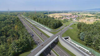 Bei Gernsheim beginnen weitere Bauerkundungen für die Neubaustrecke Frankfurt-Mannheim. Die Bahn geht dabei von einem oberirdischen Streckenverlauf an Langwaden (das Bild zeigt eine Visualisierung) vorbei bis kurz vor Einhausen aus.