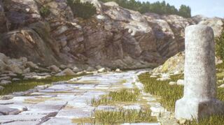 Die Illustration zeigt einen Kilometerstein auf einer Bergstraße in Kilikien, Türkei