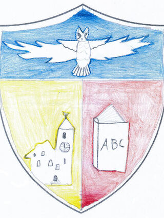 Das Wappen des Schülerparlament zeigt einen weißen Vogel sowie – jeweils links und rechts darunter angeordnet – die Bergkirche und ein Buch mit den Buchstaben „ABC“.
