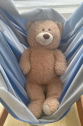 Das Symbol der Bärenfamilie schaukelt in einer Hängematte im Flur.